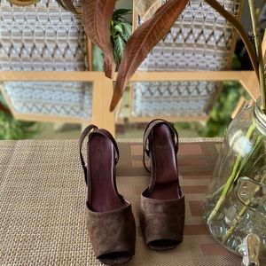 Chocolate brown pre loved ultra suede wrap heels